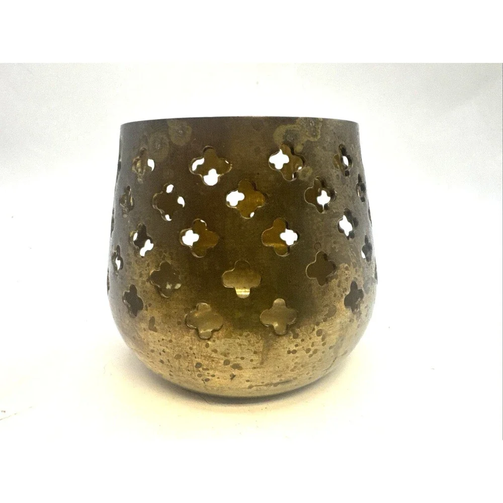 Vtg Brass Candle Holder Votive Tea Light Moroccan Pierced Cutout India